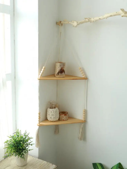 Decorbites wooden corner shelf with natural wood slats macrame cords and beaded accents boho wall decor