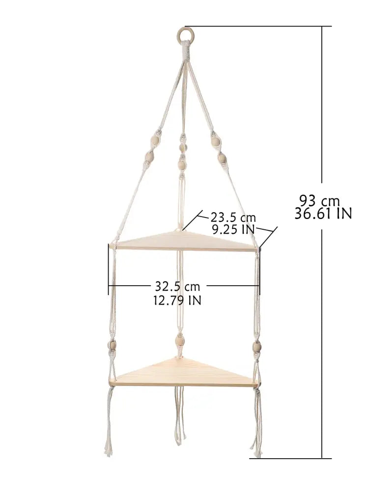 Beige macrame wooden corner shelf with wooden beads and triangular shelves boho wall decor by DecorBites