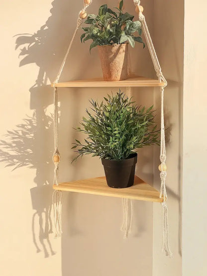 Beige macrame wooden corner shelf with two tiers and decorative beads for boho wall decor by decorbites
