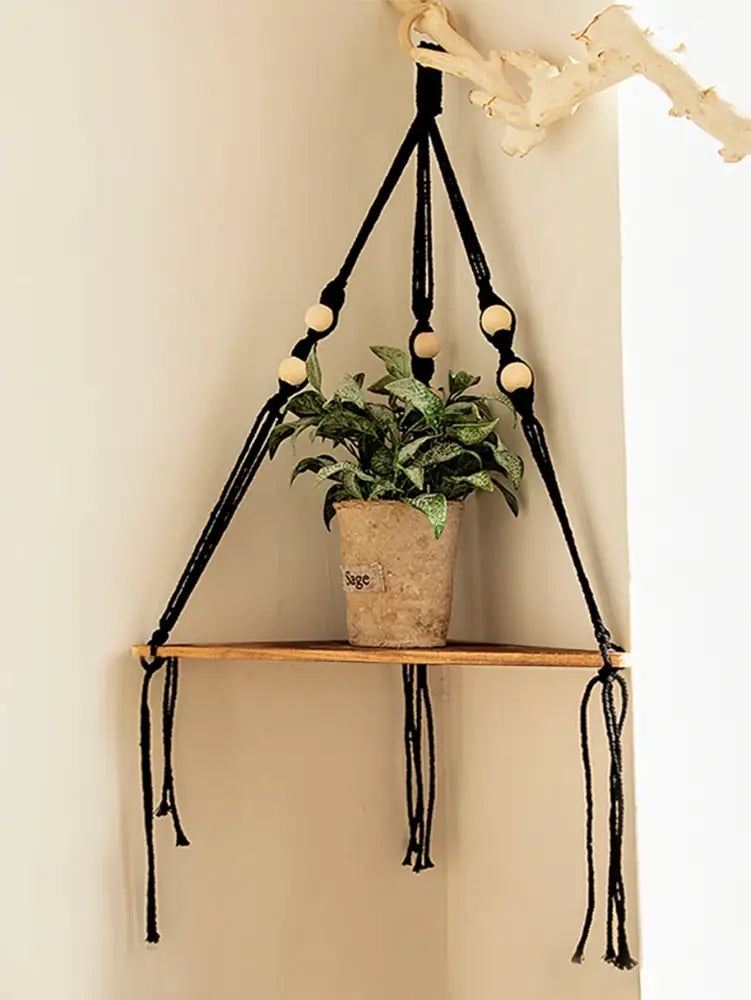 Decorbites wooden corner shelf with black macrame hanging design wooden slat and light-colored wood beads boho wall decor