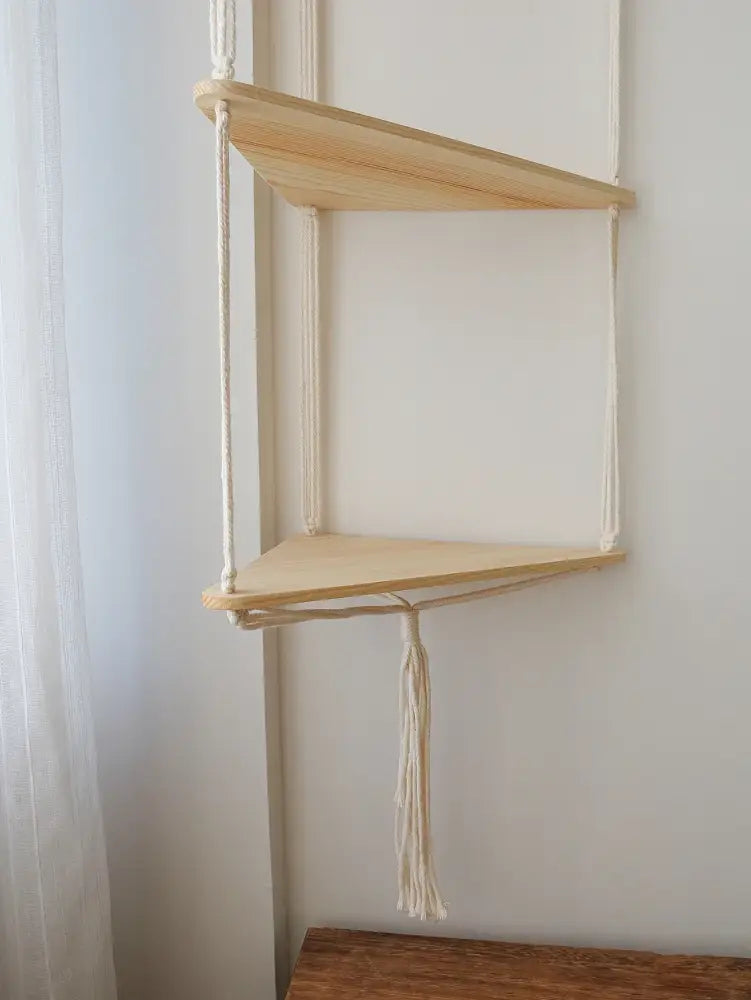 Decorbites™ wooden corner shelf light-colored wooden corner shelf suspended by macrame cords boho wall decor