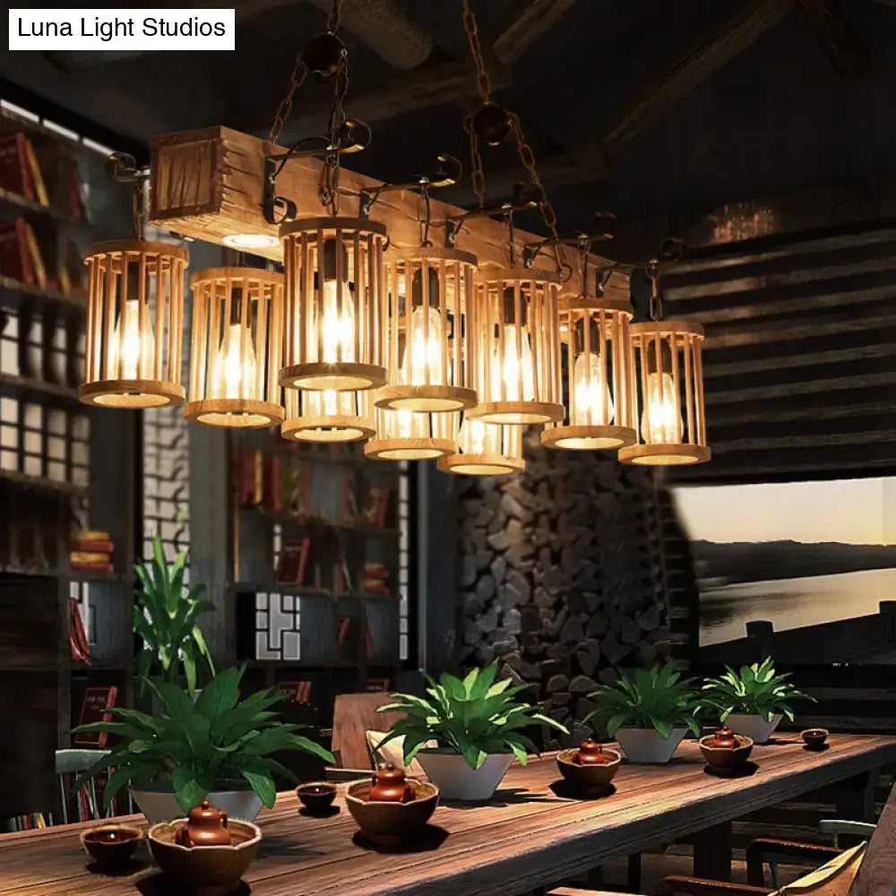 Rustic decorbites wooden farmhouse ceiling light with 10 cylindrical bamboo lanterns hanging from dark metal chain for wood island ceiling