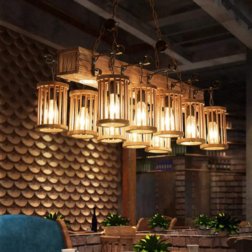 Rustic decorbites wooden farmhouse ceiling light with 10 heads featuring cylindrical bamboo shades and exposed filament bulbs for wood island ceiling use