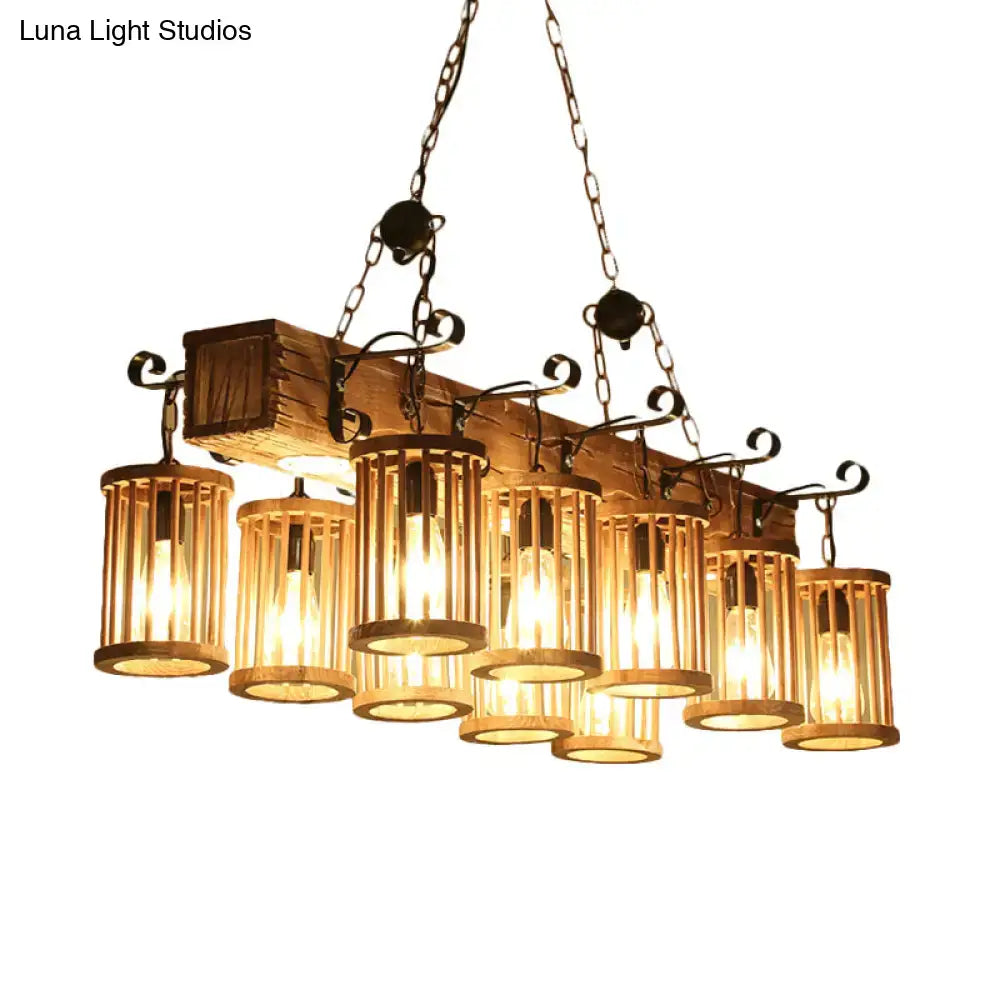Rustic decorbites wooden farmhouse ceiling light with 10 cylinder wood island shades and wrought iron accents hanging lamp