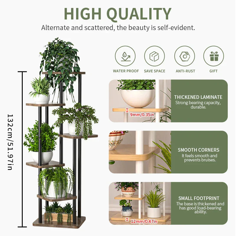 DecorBites wooden flower plant stand with black metal frame and five tiers holding white ceramic potted plants