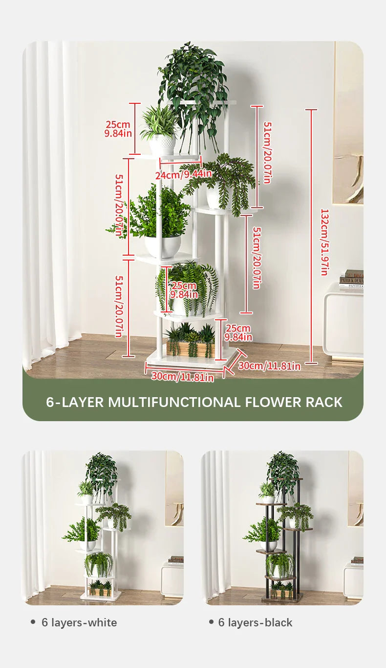 White 6-layer wooden flower plant stand with adjustable shelves and sleek modern design for displaying plants by DecorBites