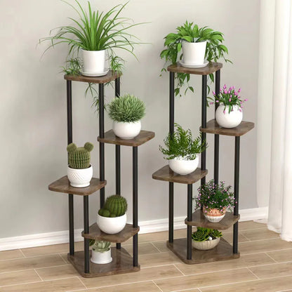 Two tiered decorbites wooden flower plant stands with dark metal frames and rustic wooden shelves holding white ceramic pots