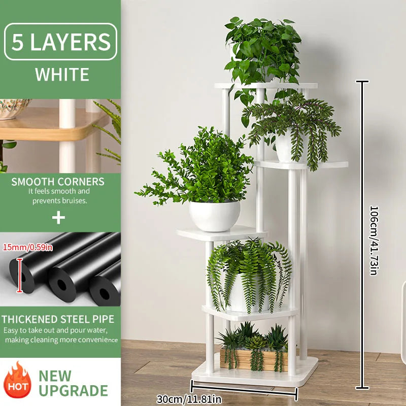White five-layer wooden flower plant stand with smooth corners and thickened steel pipe construction by decorbites