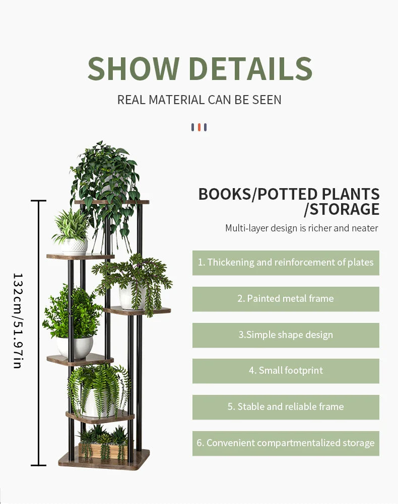 Decorbites wooden flower plant stand with a painted metal frame and wooden shelves for displaying plants or books