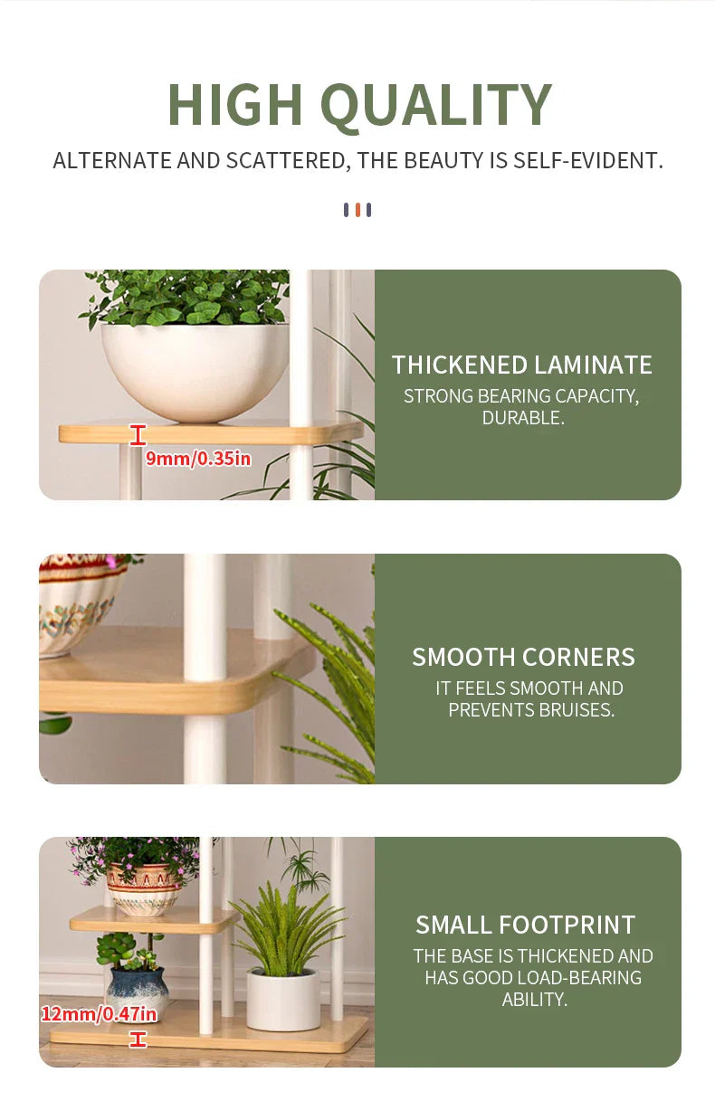 White and light wood wooden flower plant stand with thickened laminate shelves smooth corners and a small footprint