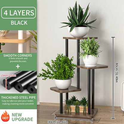 Black metal plant stand with four wooden tiers for displaying wooden flower plants by DecorBites™