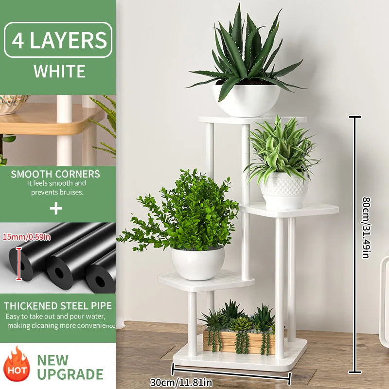 White four-layer wooden flower plant stand with smooth corners and thickened steel pipe construction by DecorBites