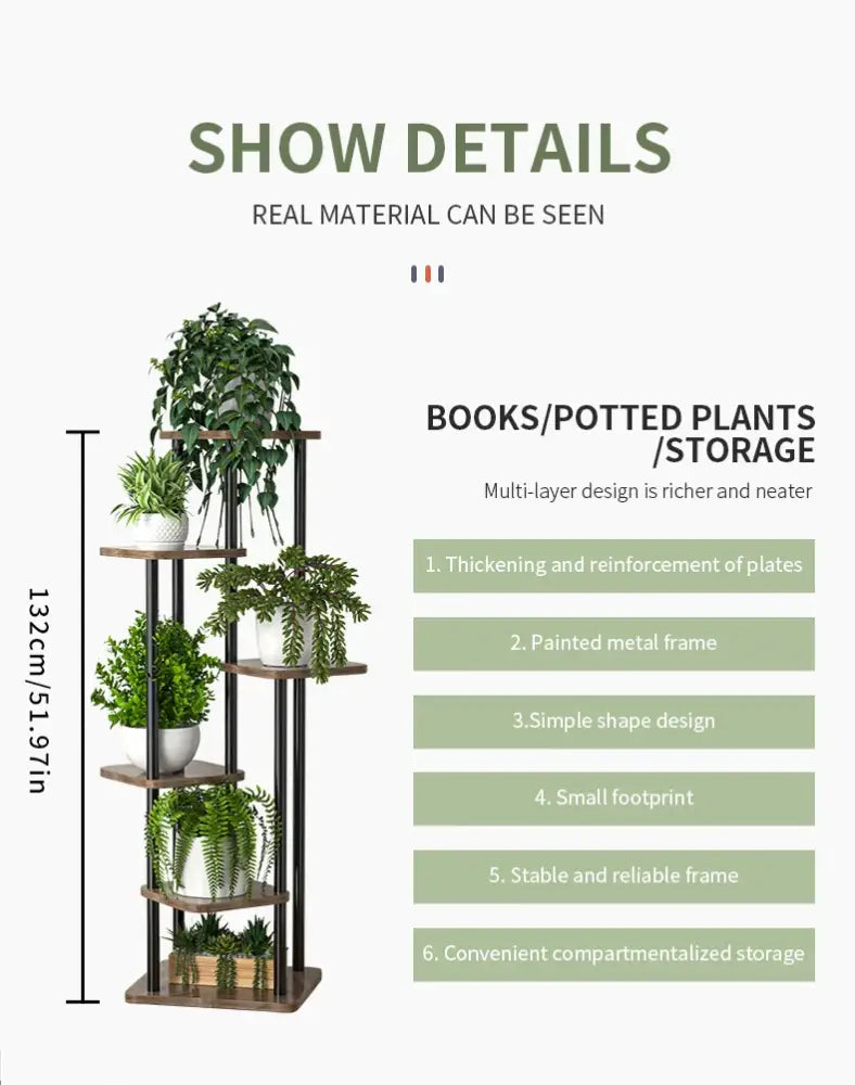 Decorbites wooden flower plant stand with a painted metal frame and wooden shelves for displaying plants or books