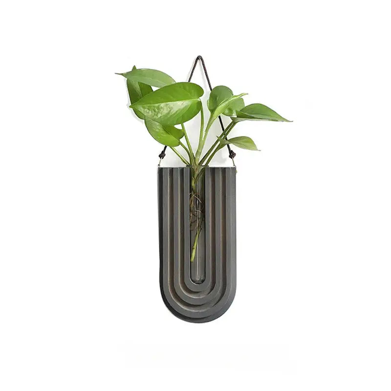 Dark gray vertically ribbed flower vase wall mounted holder with vibrant green leafy plant by decorbites wooden flower vase