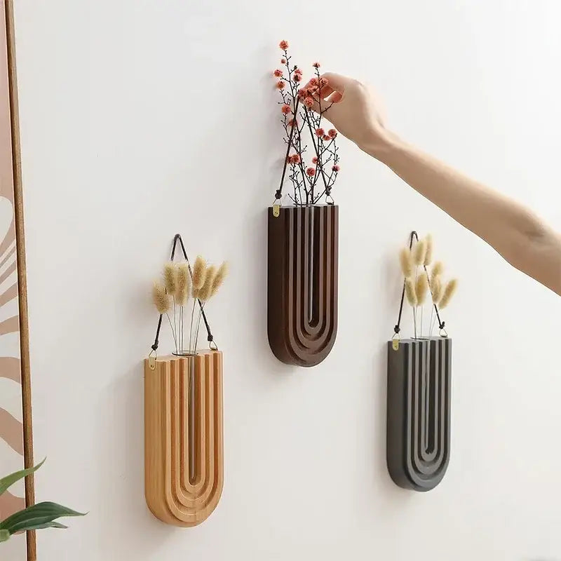 Decorbites wooden flower vase wall mount holder with three modern wooden flower vases in wood-tone dark brown and matte gray