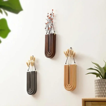 DecorBites wooden flower vase wall mount holder features three sleek curved wooden flower vases in brown gray and natural tones
