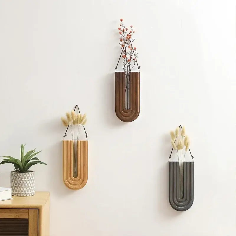 DecorBites™ wooden flower vase wall mount holder set with three u-shaped vases in wood metal and matte gray finishes holding dried flowers