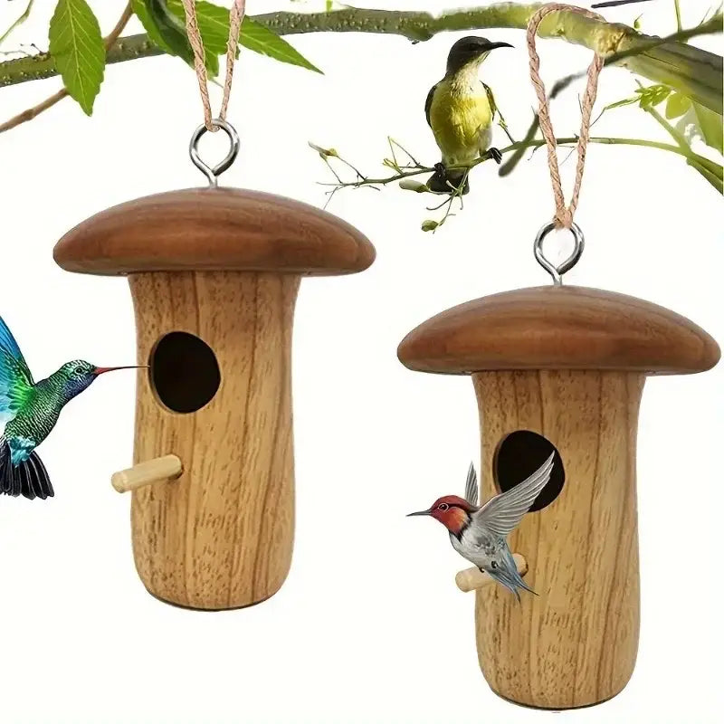 DecorBites wooden hanging hummingbird house feeder with natural wood grain and circular entrance hole for outdoor use