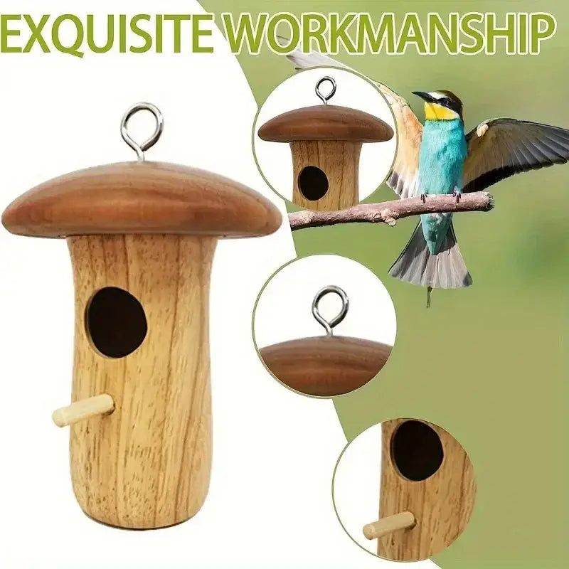 DecorBites wooden hanging hummingbird house feeder shaped like a mushroom with natural wood grain for outdoor use
