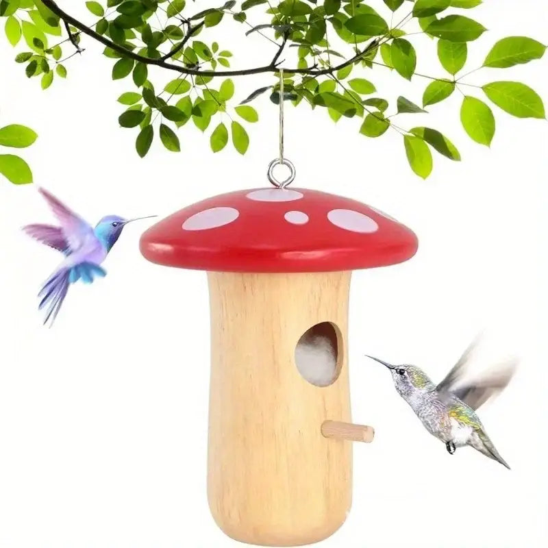 DecorBites wooden hanging hummingbird house feeder in red with white polka dots and natural wood body outdoor use