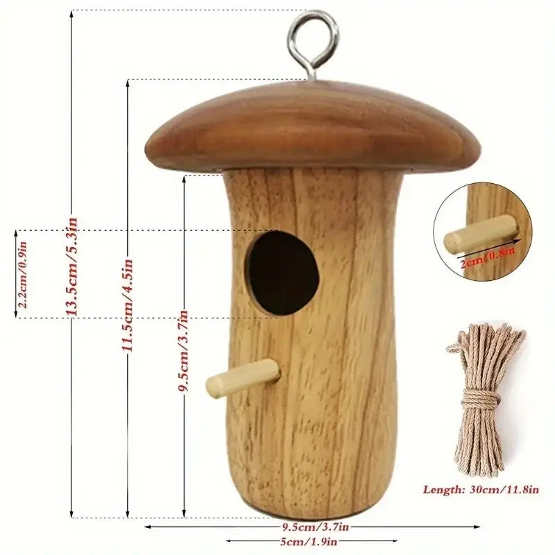 A rustic natural wood finish decorbites™ wooden hanging hummingbird house shaped like a mushroom with metal ring