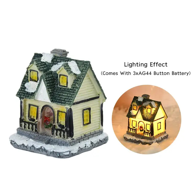 DecorBites™ wooden led light house with green shingled roof white siding and snow-dusted details for Christmas decor