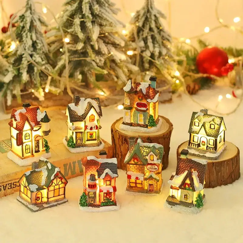 Decorbites™ wooden led light house christmas decorations featuring miniature warm-colored village houses with glowing windows