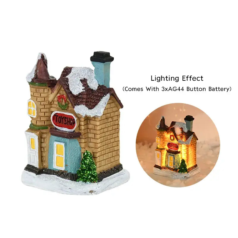 Decorbites™ wooden led light house christmas decoration with brown brick facade blue door and snow-dusted roof