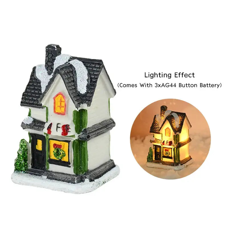 Decorbites™ wooden led light house Christmas decoration with white exterior green trim and illuminated yellow lights
