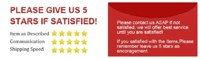 Red envelope with white text urging customers to leave five stars for decorbites wooden led light house christmas decoration