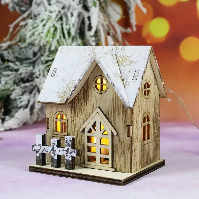 DecorBites™ rustic wooden led light house ornament with weathered white roof and warm glowing yellow lights