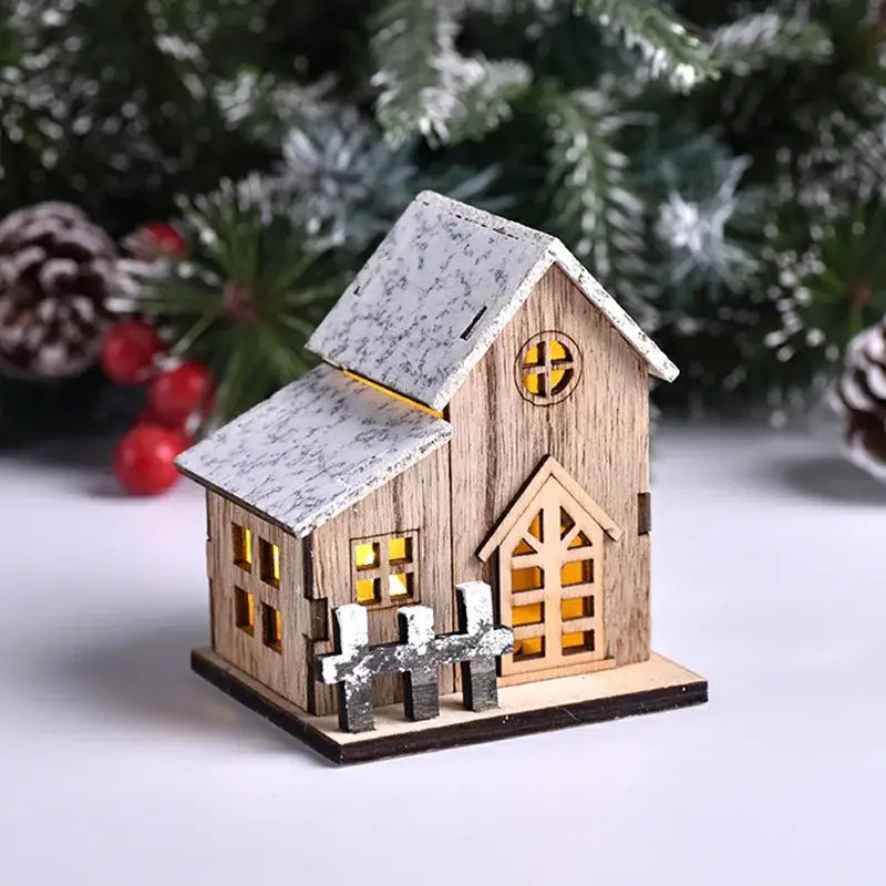 Decorbites™ wooden led light house christmas decoration with rustic wood, snow-dusted roof, and glowing yellow windows