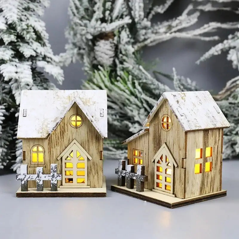 Decorbites wooden led light house christmas decorations featuring two rustic wooden houses with glowing yellow lights