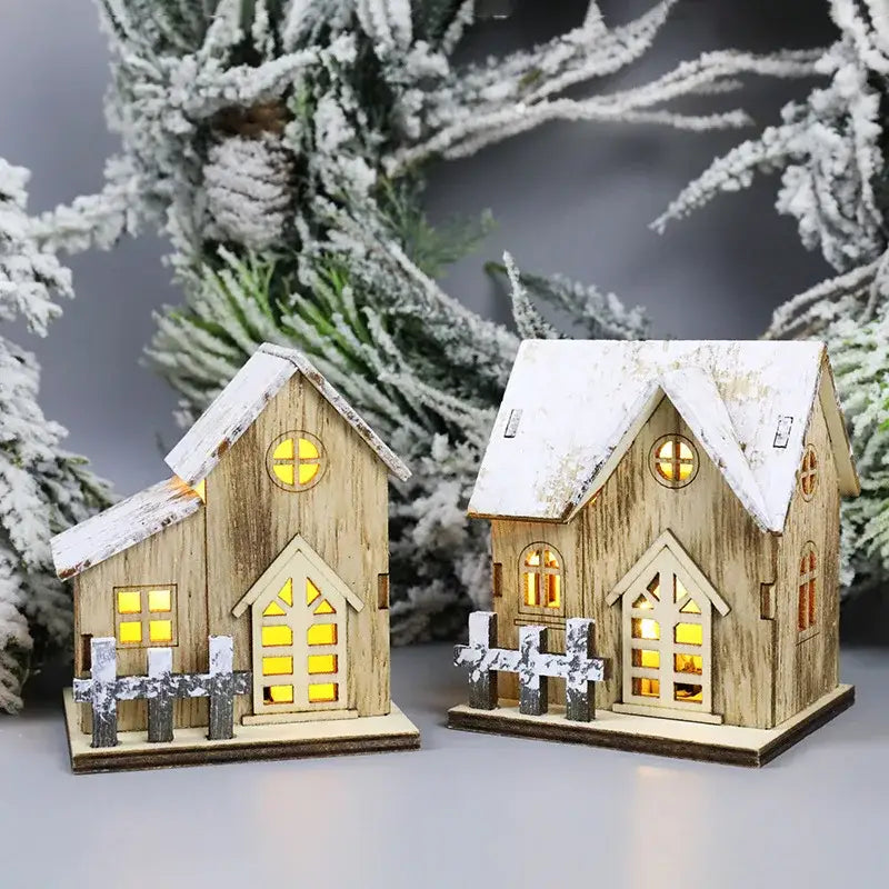 DecorBites™ wooden led light house Christmas decorations featuring rustic snow-dusted roofs and glowing yellow windows