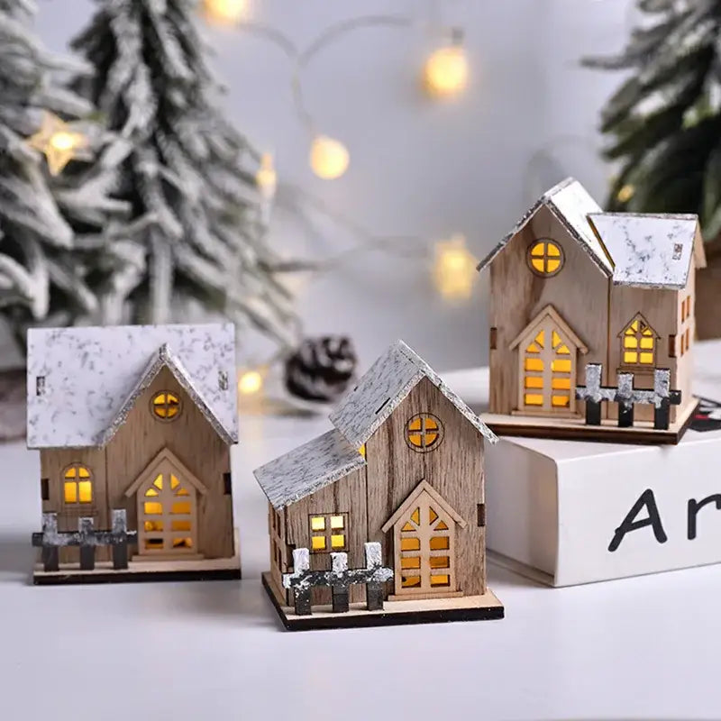 Decorbites wooden led light house christmas decorations with snow-dusted roofs and glowing yellow windows