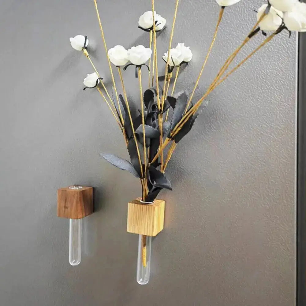 DecorBites wooden magnetic test tube vase with wall-mounted wooden cubes and clear glass tube vases holding white flowers