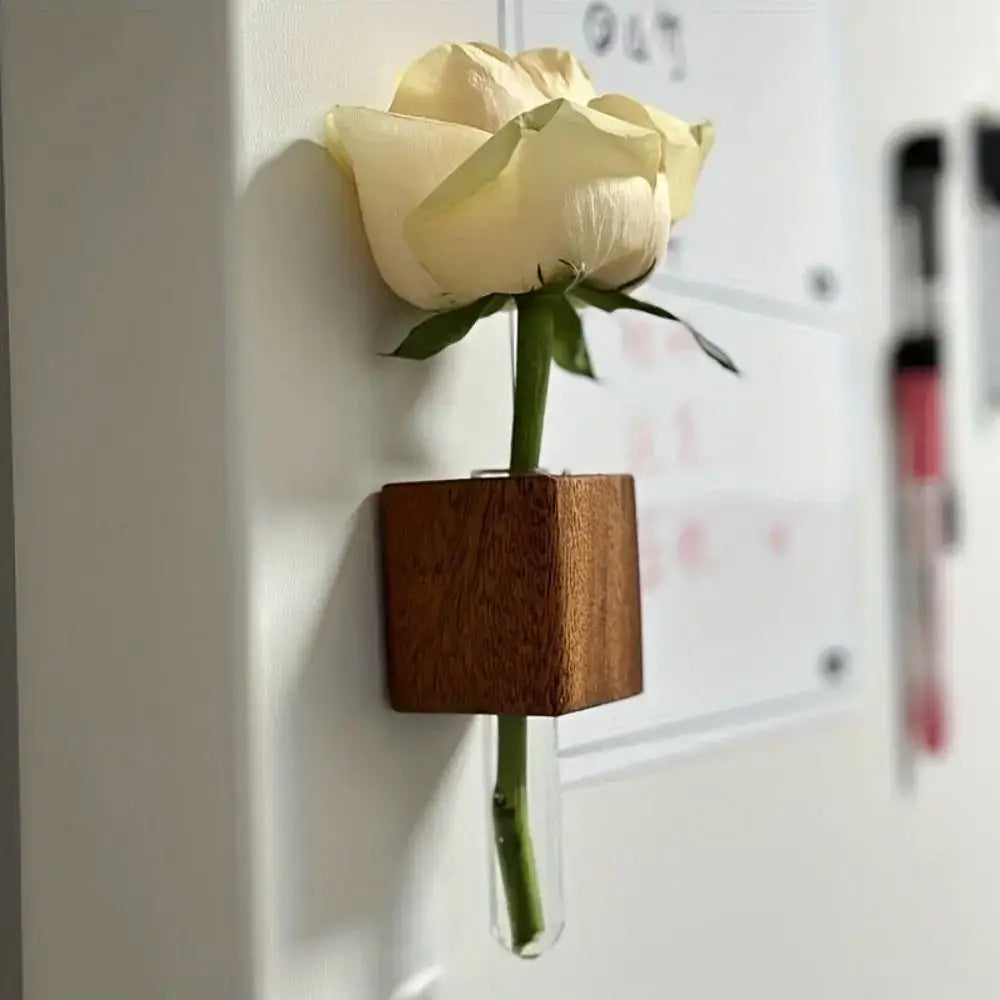 A cream-colored rose displayed in a decorbites wooden magnetic test tube vase with a clear glass tube holder