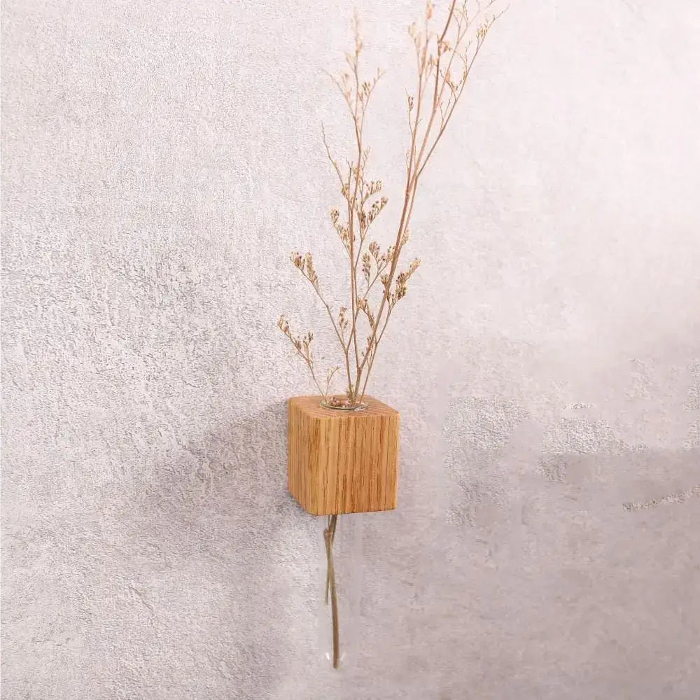Decorbites™ wooden magnetic test tube vase with natural grain finish holding dried botanical stems for diy flower arrangement