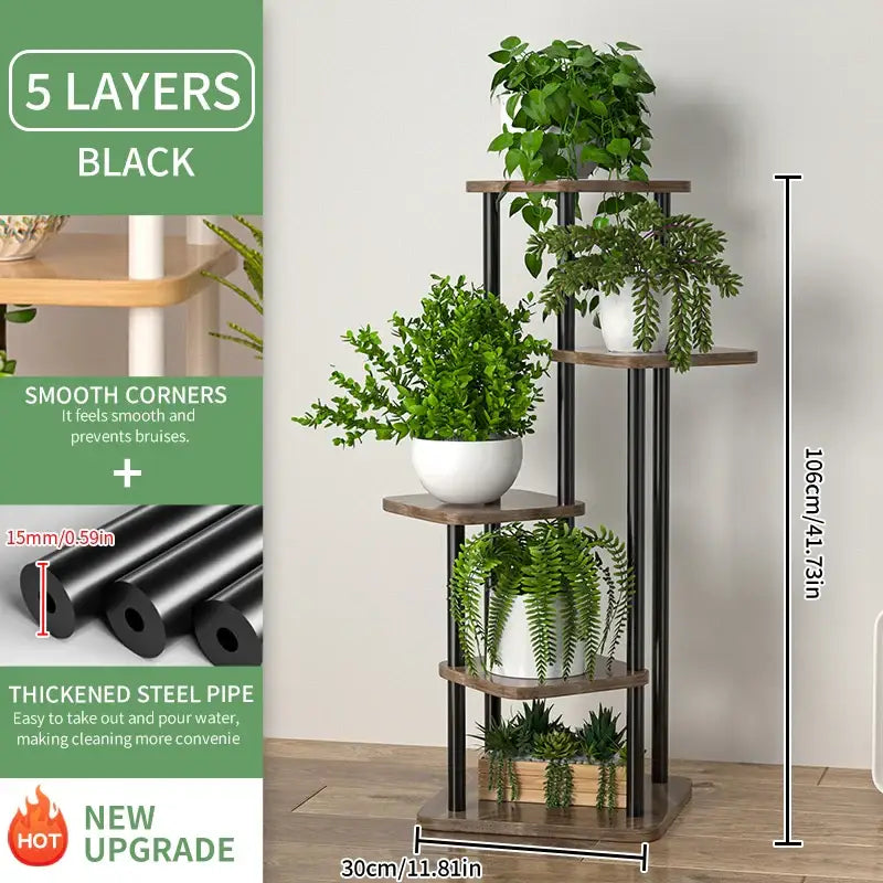 Black DecorBites wooden plant stand with five shelves made of wooden boards and thickened steel pipes for display