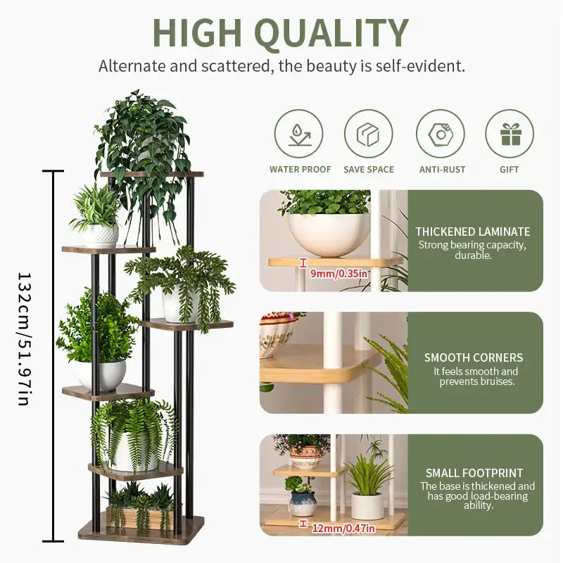 DecorBites™ black metal and wooden plant stand shelf with five tiers holding white ceramic pots of green plants