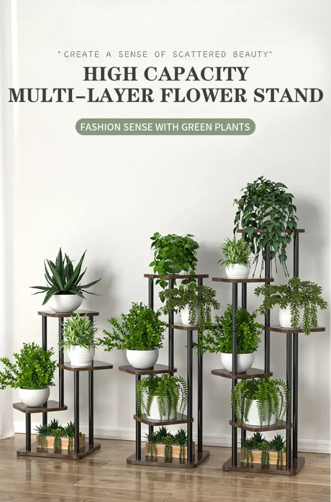DecorBites™ dark brown metal and wooden plant stand shelf with multiple tiers holding white ceramic pots with green plants