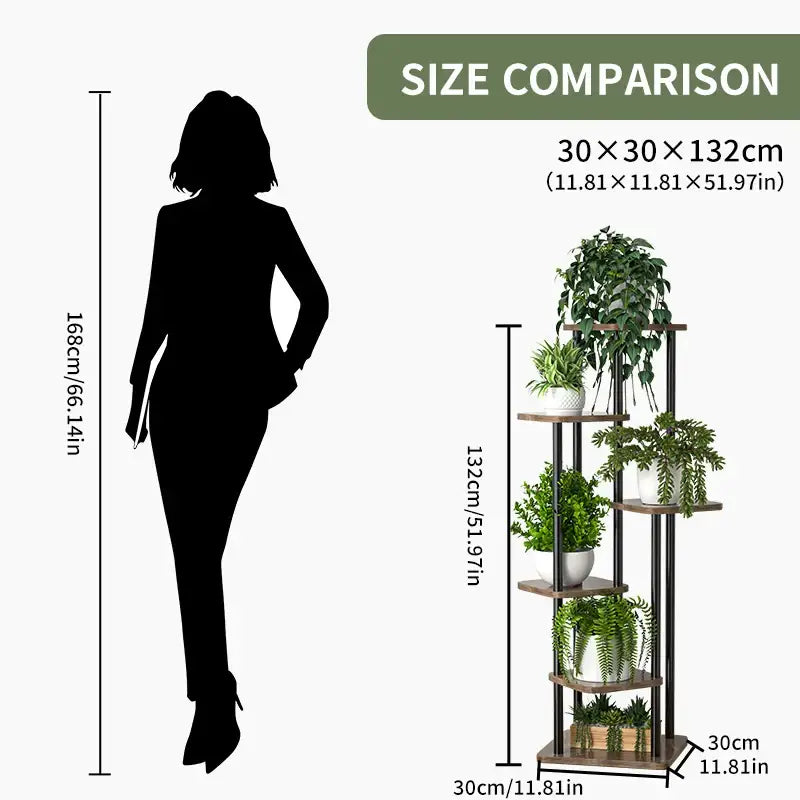 Decorbites wooden plant stand shelf tiered flower pot display with dark metal frame and wooden shelves for indoor use