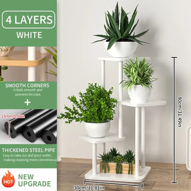 White four-layer wooden plant stand with smooth corners and thickened steel pipe construction for plant stand shelf display