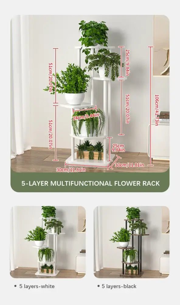 White 5-layer wooden plant stand shelf with sleek modern design for displaying plants by DecorBites™