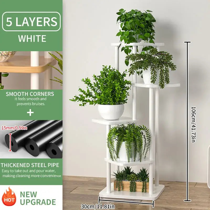 White five-layer wooden plant stand shelf by DecorBites with smooth corners and thickened steel pipe construction