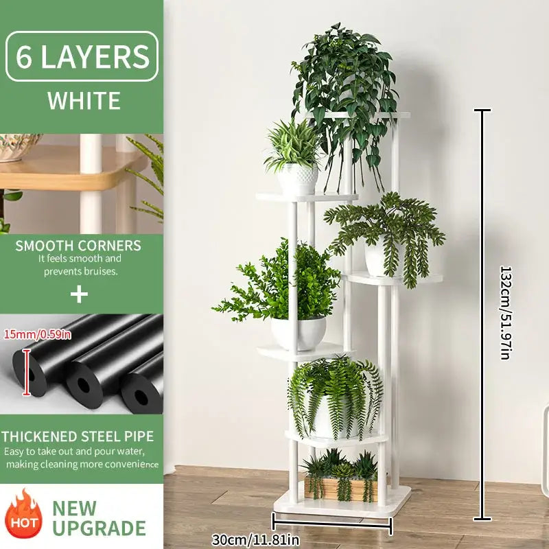 White six-layer wooden plant stand with smooth corners and thickened steel pipe construction for plant stand shelf display