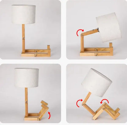 Adjustable wooden robot shape table lamp with white fabric shade for indoor study and reading decorbites fashion desk lamp