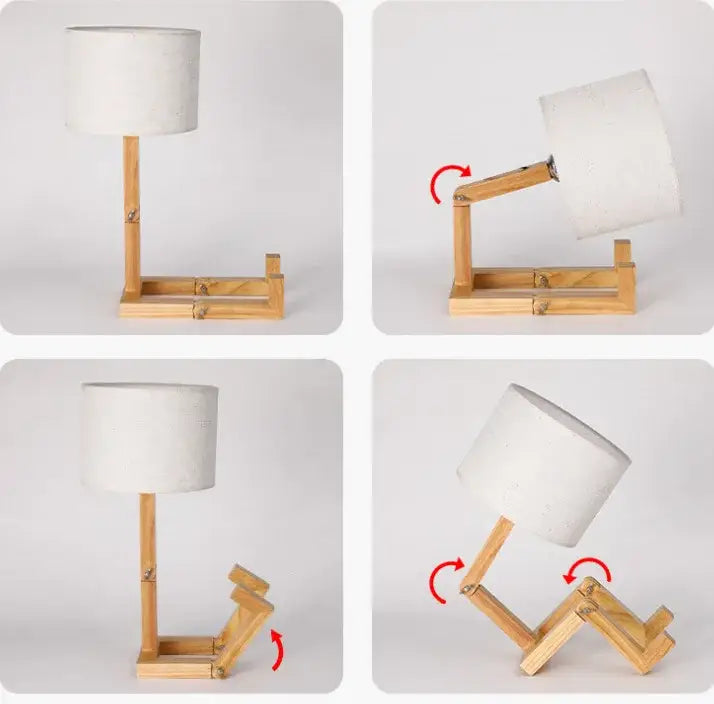Adjustable wooden robot shape table lamp with white fabric shade for indoor study and reading decorbites fashion desk lamp