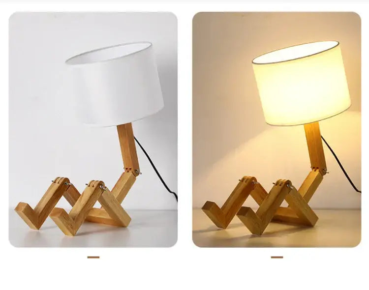 DecorBites wooden robot shape table lamp with white fabric shade and articulated zigzag wooden legs for reading desk