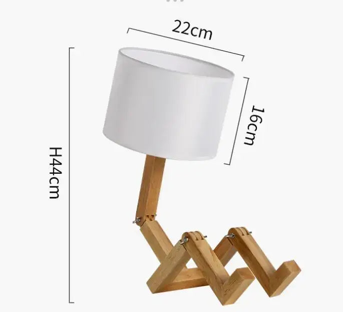 DecorBites wooden robot shape creative table lamp with white shade and wooden zigzag legs for indoor study use